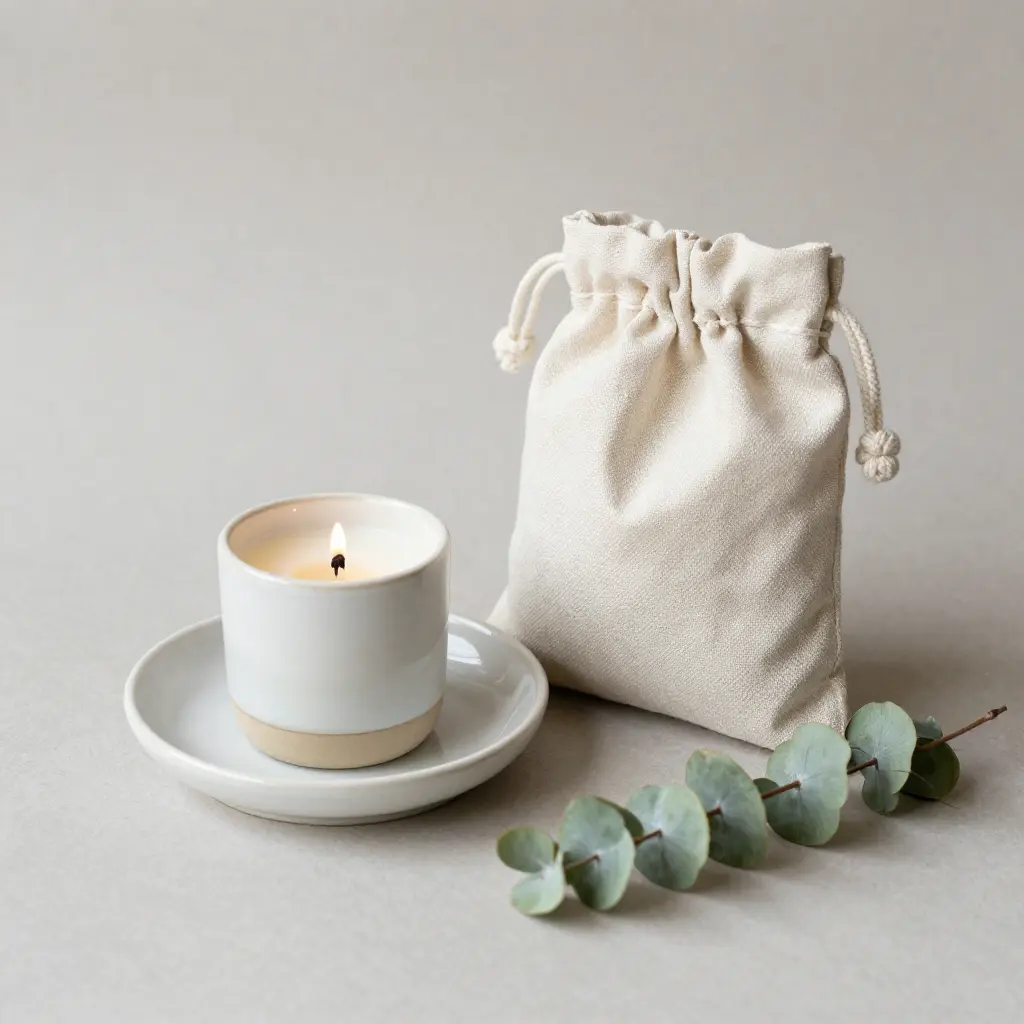 Handmade gift set with candle ceramic dish and linen pouch