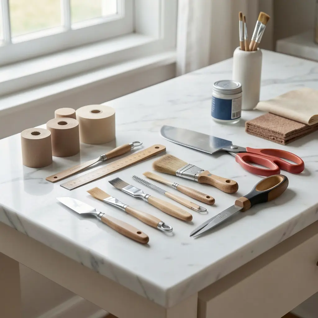 Professional crafting materials and tools on marble surface